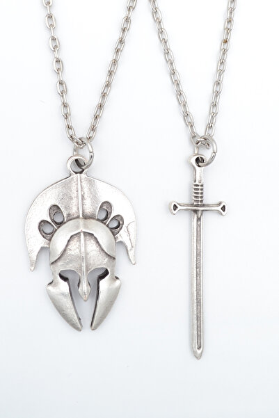 2-Piece Warrior Sword-Gladiator Helmet Silver Plated Necklace Set