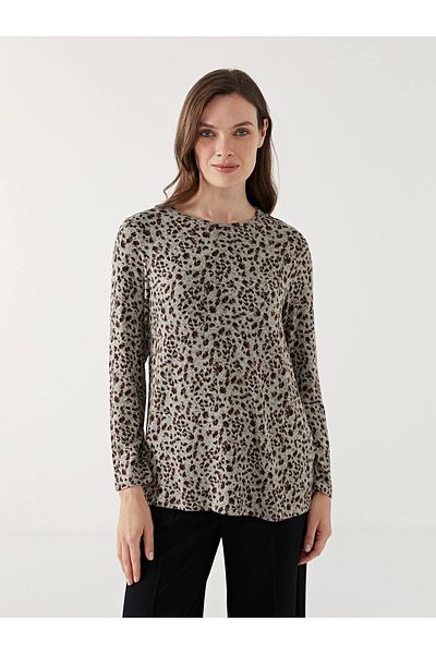 LC Waikiki Beige Crew Neck Leopard Patterned Women's Blouse