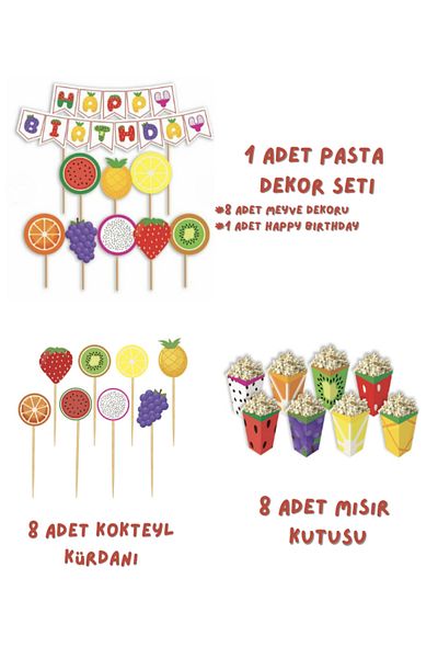 PARTİ AŞKI Προμήθειες για πάρτι με θέμα τα φρούτα & Summer Concept Hawaii (Κοκτέιλ οδοντογλυφίδα, Κουτί καλαμποκιού, Διακόσμηση τούρτας, Πανό)