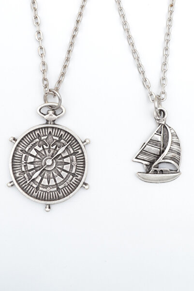 2-Piece Sailboat-Sailor Compass Silver Plated Necklace Set