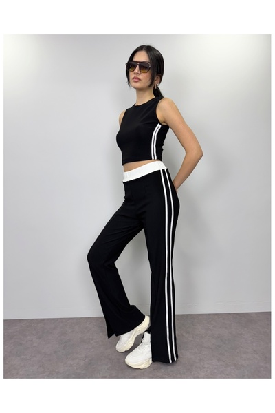 deqfashion Pantaloni negri cu dungi duble pe laterale și șlițuri, set de damă...