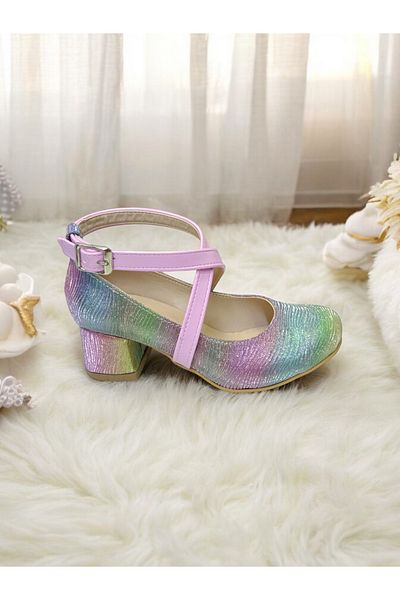 pediashoes حذاء سهرة بكعب مربع ملون بألوان قوس قزح للفتيات