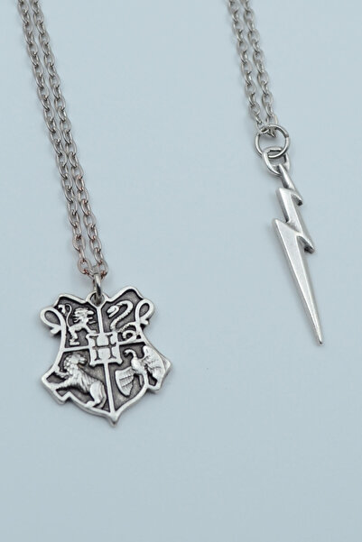 Bu Farklı 2'li Harry Potter Hogwarts Sembol Şimşek Izi Gümüş Kaplama Kolye Seti