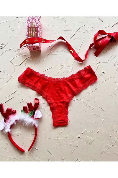 İntive Lingerie Tanga/lenjerie de corp pentru femei, din bumbac, roșu, cu dantelă