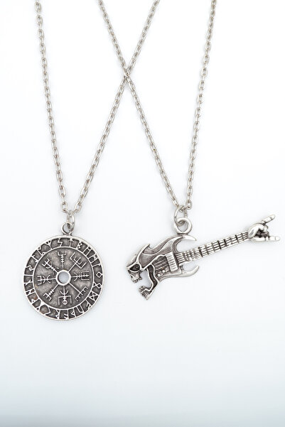 2-Piece Viking Compass-Dried Head Electric Guitar Silver Plated Necklace Set