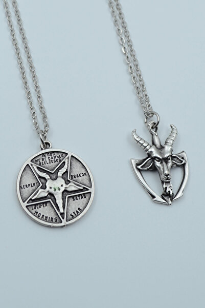 2pcs Lucifer Morning Star Pagan - Goat Devil Silver Plated Necklace Set