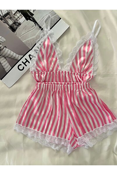 RoseOfNuit Dantel Detaylı Lastikli Şortlu Saten Gecelik Takım