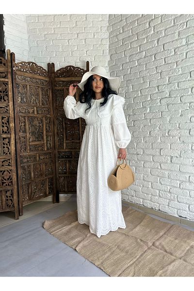 moneta boutique Γυναικείο μωρό γιακά με δαντέλα με λεπτομέρεια μακρύ φόρεμα με φασόλια