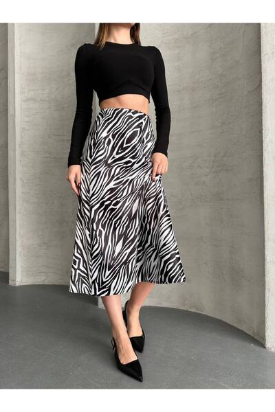 hiraz fashion Women's Zebra Print Midi Length Satin Skirt