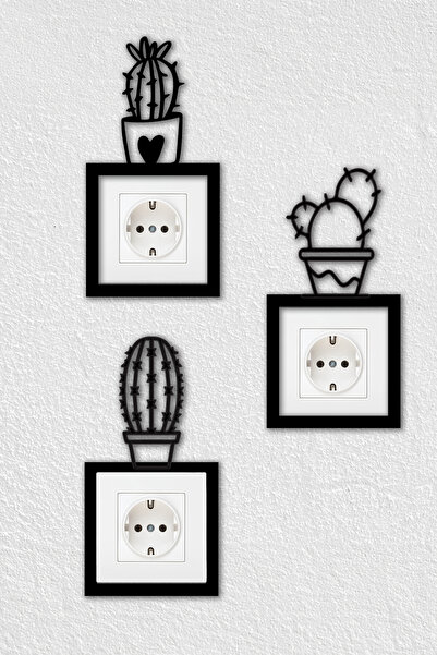 To Design Lab Kaktüs Temalı Dekoratif Duvar Priz Anahtar Çerçevesi Tablo 3'lü Set