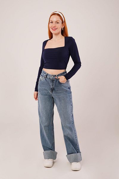 MODAVERA Square Collar Basic Navy Blue Blouse
