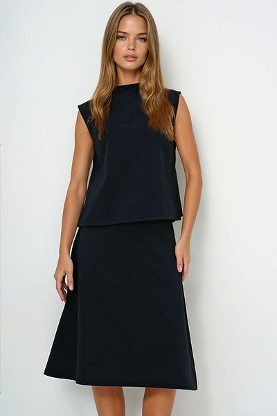 VAGGON Women's Black Stand Collar Sleeveless Blouse Skirt Suit Prmx13485