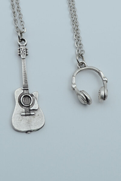 Bu Farklı 2'li Klasik Akustik Gitar Kulaklık Gümüş Kaplama Kolye Seti