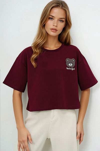 VAGGON Tricou Crop oversize pentru damă, roșu Claret, cu decolteu, Motif Prmx13675