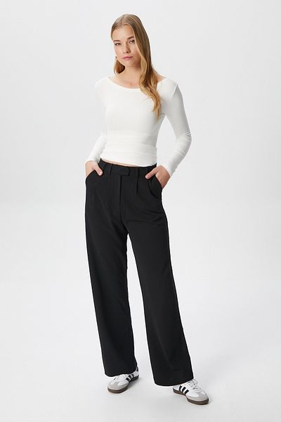 Ritnice Women's Flow Hook Closure Pocket Black Fabric Trousers