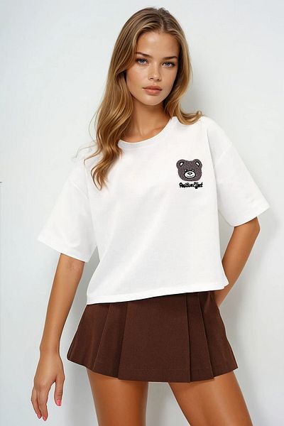 VAGGON Λευκό γυναικείο ποδηλατικό μπλουζάκι Oversize Crop Motif Prmx13675