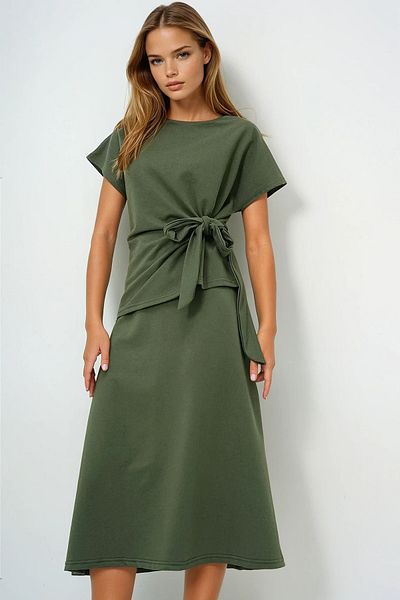 VAGGON Women's Khaki Crew Neck Drape Detailed Blouse and Flared Skirt Set Prmx13479