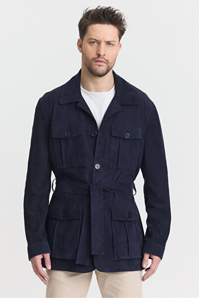 Orkır collection Navy Blue Genuine Goatskin Belted Men's Leather Jacket