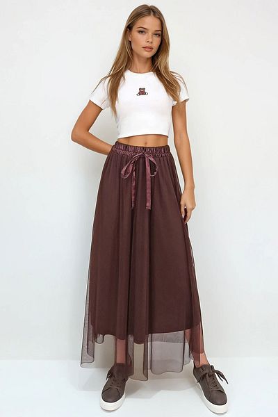 VAGGON Γυναικεία Bitter Brown μέση ελαστική κορδέλα με λεπτομέρεια φούστα από τούλι Prmx13676