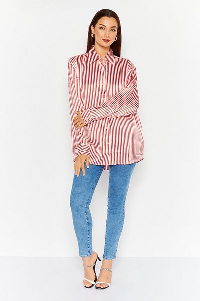 Esprit Women Spread Collar Long Sleeve Stripe Shirt, Red
