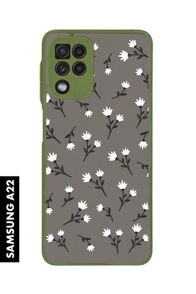 mooodcase Samsung A22 Uyumlu Beyaz Çiçekler Desenli MatGuard Buzlu Şeffaf Telefon Kılıfı