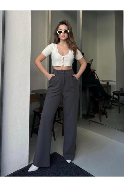 FERZOLAİO Women's High Waist Buttoned Anthracite Palazzo Trousers