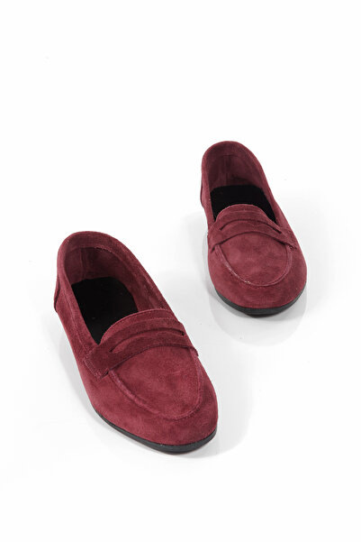 ÜNAL ÖZER Kadın Bordo Süet Hakiki Deri Yuvarlak Burunlu Günlük Lofer Un001-053