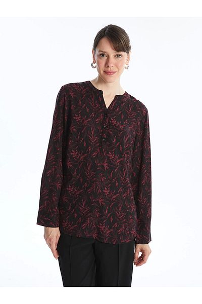 LC Waikiki Lcw Grace Black Runaway Collar Print Long Sleeve Women's Blouse