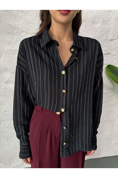 Elif Özbey Butik Cămașă cu dungi cu nasturi aurii negru