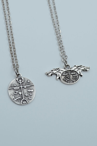2-Piece Cam Drum Shaman Drum Wolf Silver Plated Necklace Set
