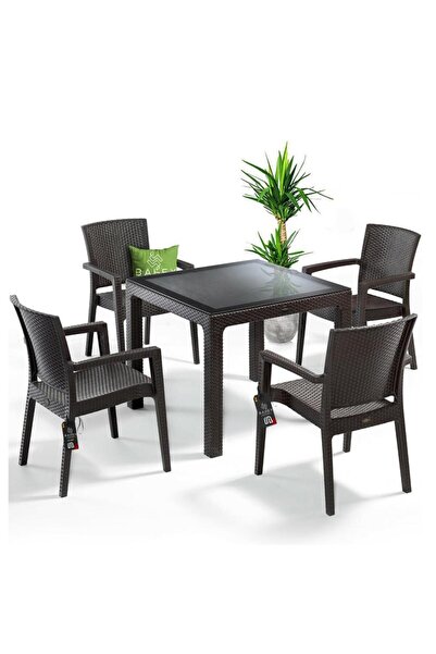 nar sokağı Zeugma Kahve 90x90 Cm Camlı Rattan Bahçe Balkon Masa Takımı