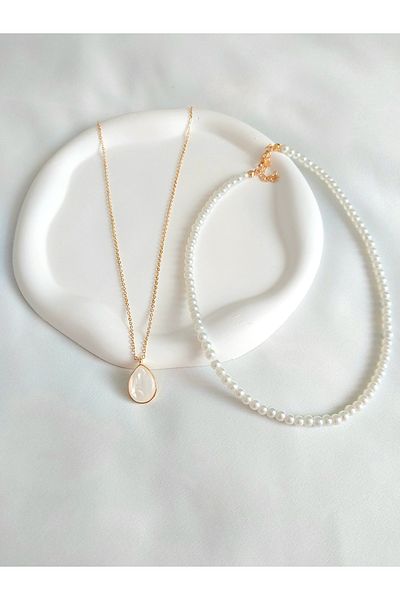 Alexis Carrel Sparkling Gold Drop Model Necklace and Pearl Necklace Set, 2-Piece Combination Necklace