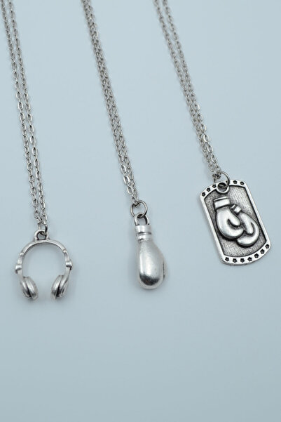 Bu Farklı 3'lü Kulaklık Boks Eldiveni Künye Kadın Erkek Gümüş Kaplama Kolye S...