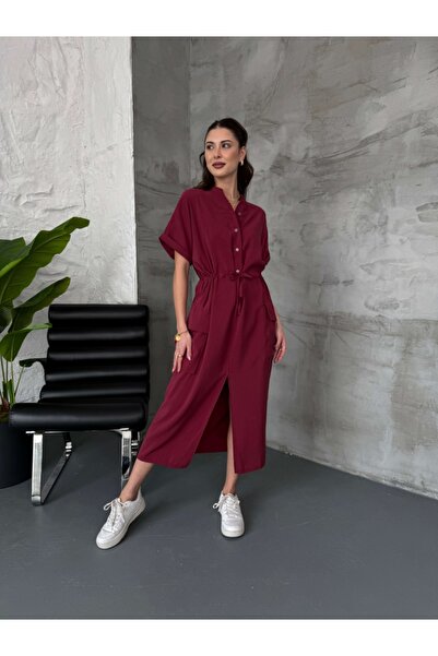 Elif Özbey Butik Bordo Kargo Cepli Modal Elbise