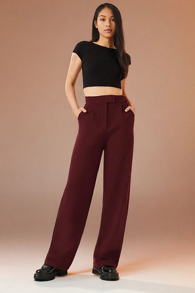 Lia Blanco's Women's Waist Velcro Comfortable Palazzo Trousers Claret Red
