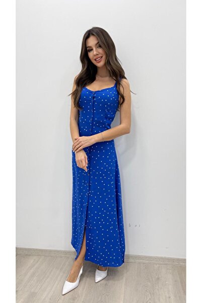 Nazline Γυναικείο Μακρύ Φόρεμα με λουράκι πουά βισκόζη με κουμπιά