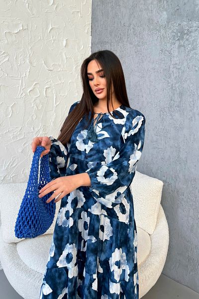 ASEDE 100% Viscose Bohemian Alaçatı Dress Collar Tie-Up Patterned Viscose Dress Suitable for Hijab Dress