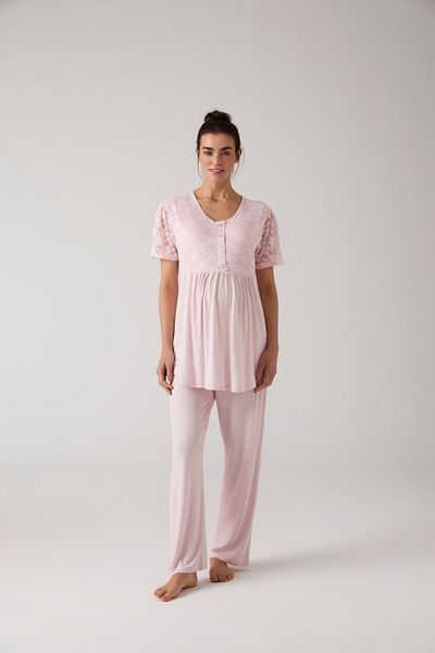 Lohussa Women's Powder Special Design Lace Cotton Maternity Maternity Dressing Gown Pajama Set Set