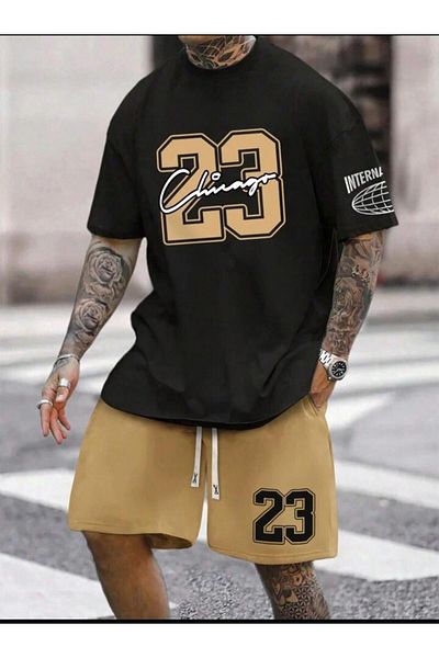 LA VESTİTİ Unisex Black Chicago Printed Oversize T-Shirt-Brown Shorts-Summer