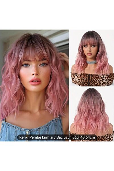 Handmade Pembe Efsane Peruk, Kadın Saç Peruk, Dalgalı Yüksek Yoğunluklu Sentetik Peruk
