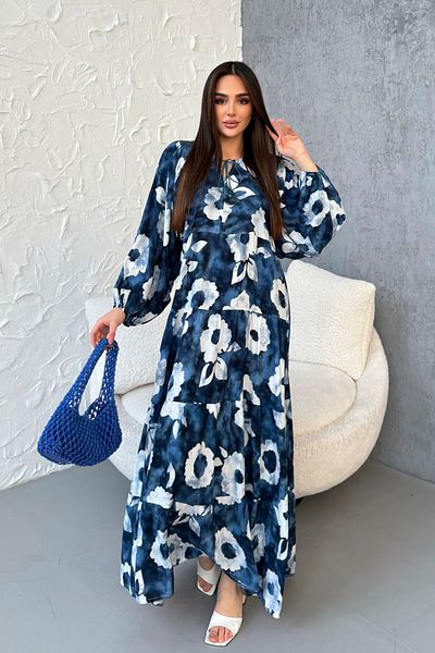 ASEDE 100% Viscose Bohemian Alaçatı Dress Collar Tie-Up Patterned Viscose Dress Suitable for Hijab Dress