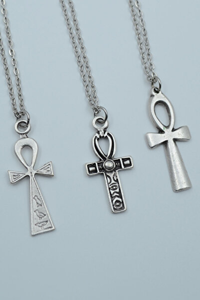 Bu Farklı 3'lü Antik Mısır Sembolü Ankh Anahtarı Gümüş Kaplama Kolye Seti