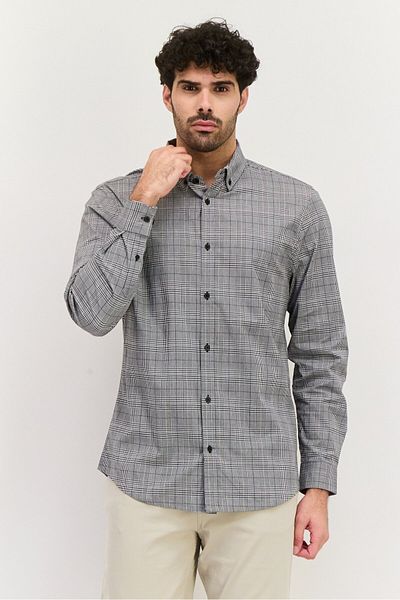 Threadbare قميص رجالي مخطط بأكمام طويلة وقصة عادية، رمادي