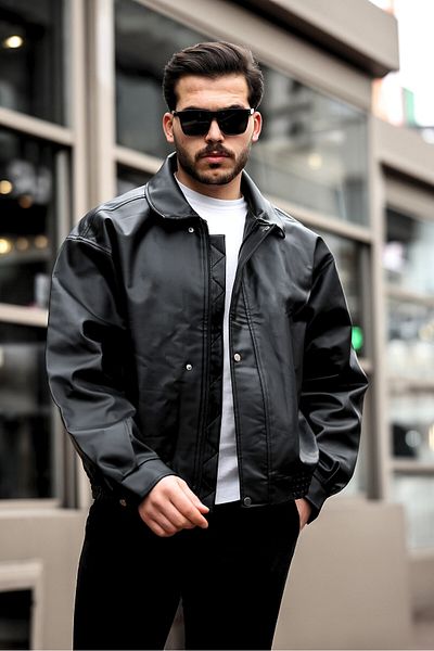 PRİFALDİ Oversize Vintage Ανδρικό Μαύρο Δερμάτινο Μπουφάν
