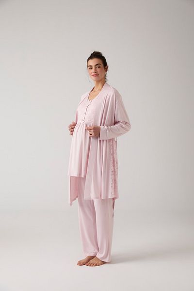Lohussa Women's Powder Special Design Lace Cotton Maternity Maternity Dressing Gown Pajama Set Set