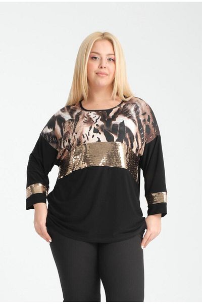 MODA Women's Large Size Patterned Pulpayet Detailed Flat Sleeve Bluz