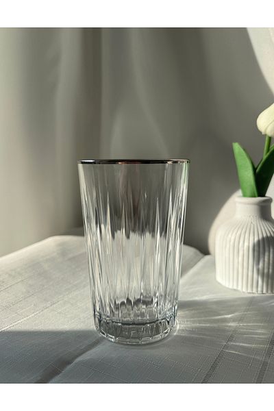 Şahika Kristal cama atılan imza 6-Piece Ahsen Platinum (Silver) Soft Drink, Water and Coffee Glass Set 350ml