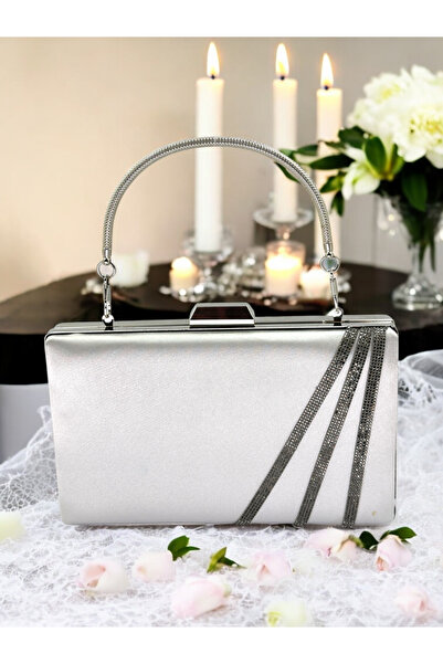 MidStore Silver Color Satin Cross Platinum Crystal Stone Women's Evening Dres...