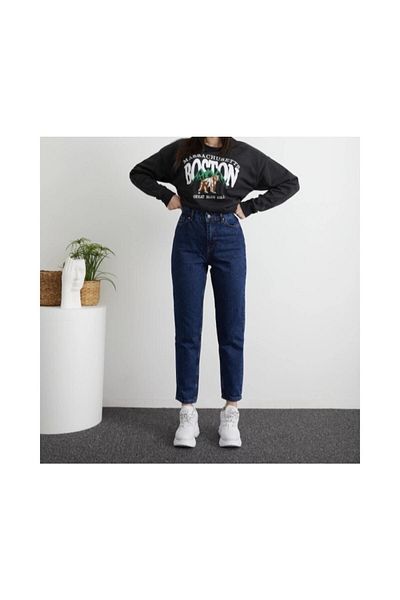 geenz manifacture Pantaloni de damă din denim elastic din lycra cu talie înaltă Mom Jean bleumarin