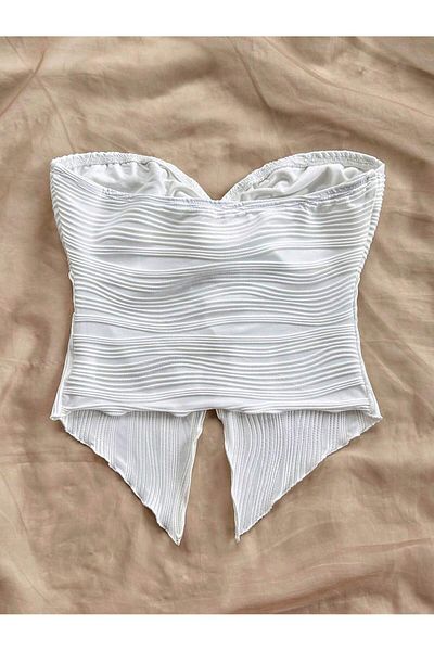 Wild Flower White Front Twist Slit Low-Cut Strapless Mugla Style Crop